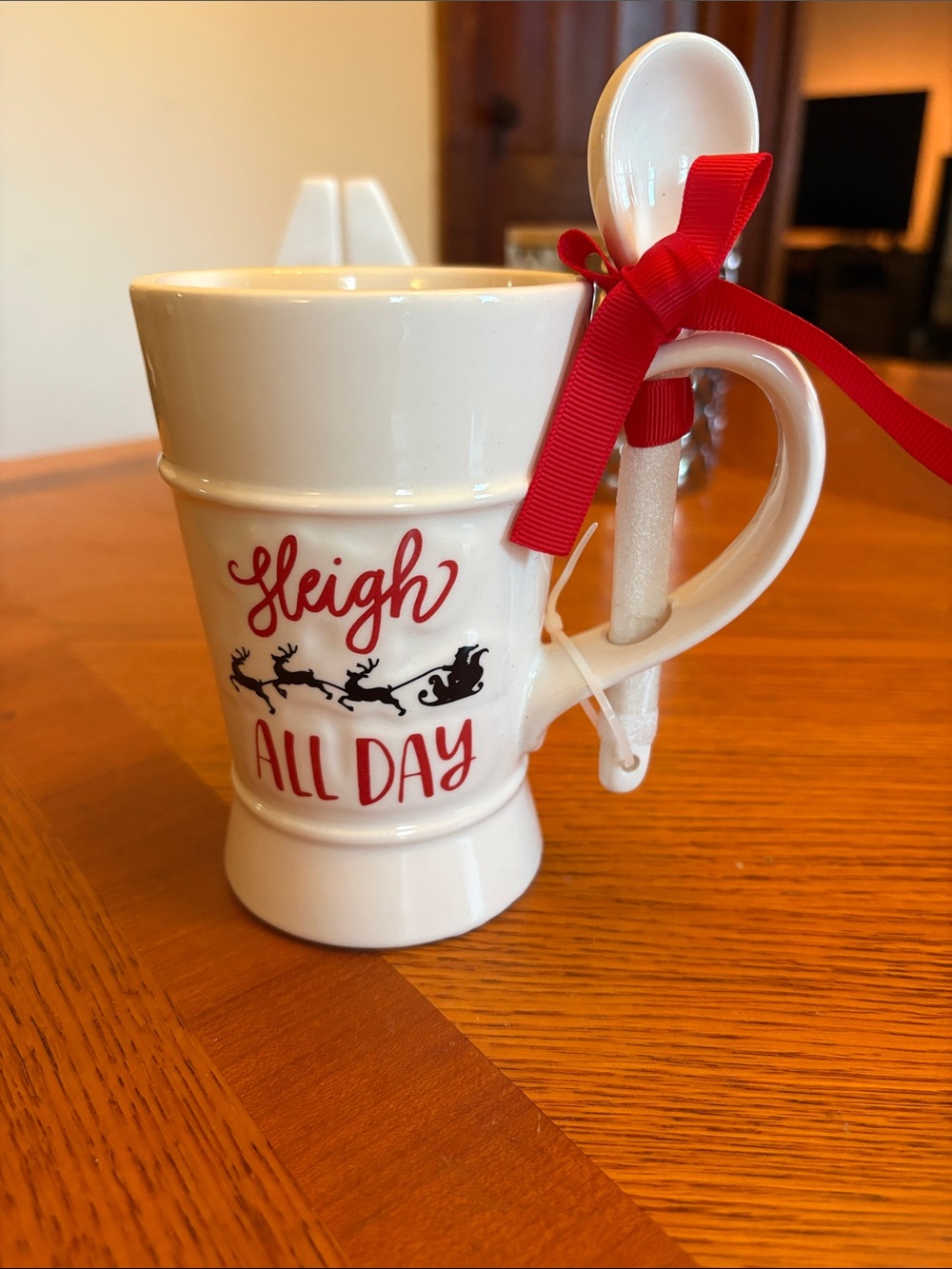 White Holiday 'Sleigh All Day' Ceramic Mug with Red Accents and Spoon